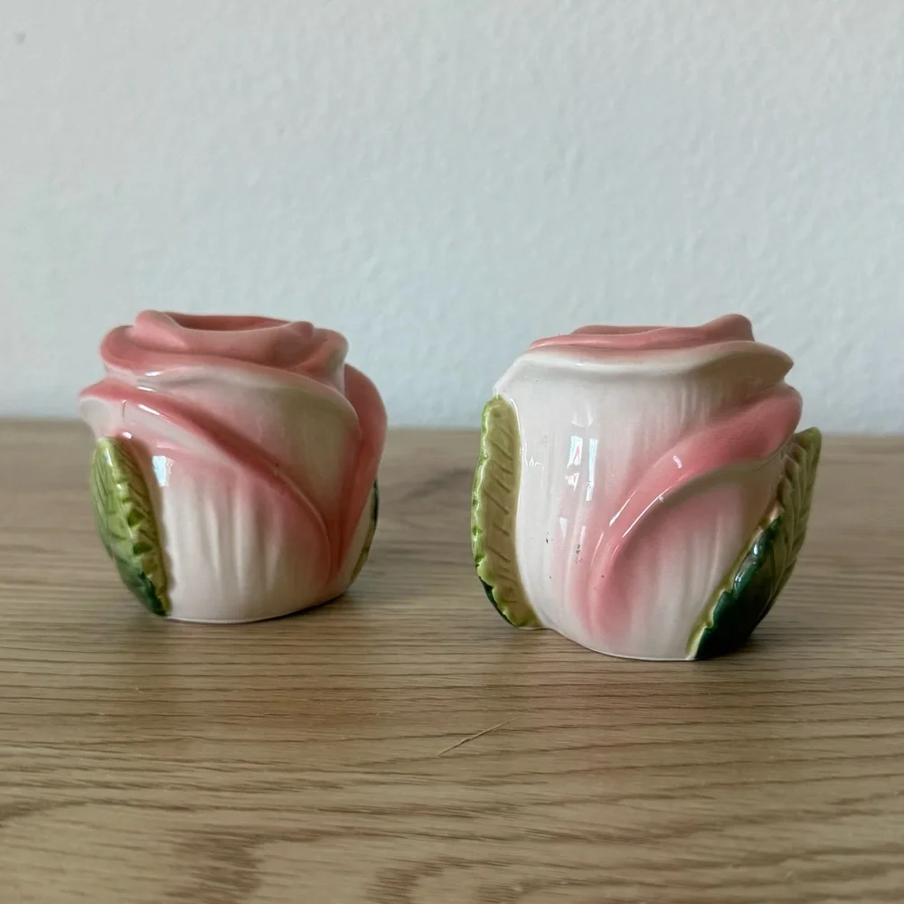 Fitz & Floyd OCI Omnibus Pink Rose‎ Shaped Taper Candle Holders Set of 2 Vintage